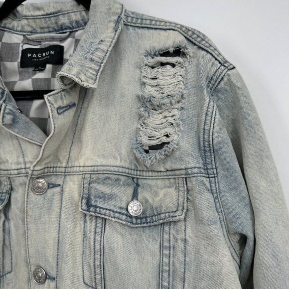 PacSun Jean Jacket Mens Medium Blue Distressed Checkered Patch Trucker Denim Siz - Picture 4 of 14
